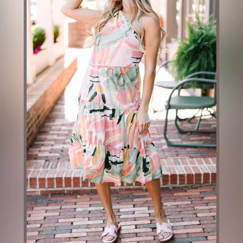 Women’s One Shoulder Tropical Print Floral Dress Pink Green